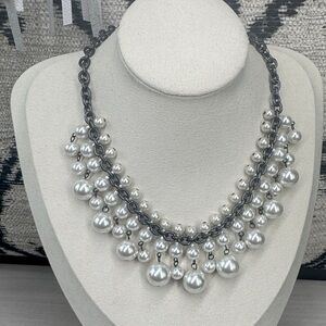 Vintage Robert Rose Gunmetal Chain Link and White Faux Pearl Dangle Necklace